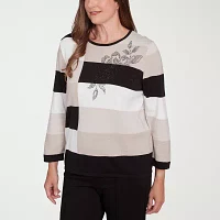 Alfred Dunner Romancing The Stone Womens Crew Neck 3/4 Sleeve Striped Pullover Sweater