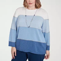 Alfred Dunner Plus Lake Victoria Womens Crew Neck 3/4 Sleeve Ombre Pullover Sweater