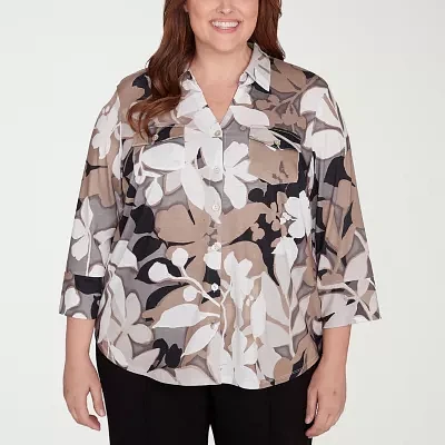 Alfred Dunner Plus Romancing The Stone Womens 3/4 Sleeve Button-Down Shirt