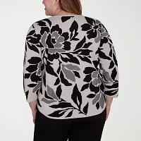 Alfred Dunner Plus Romancing The Stone Womens Crew Neck 3/4 Sleeve Floral Pullover Sweater