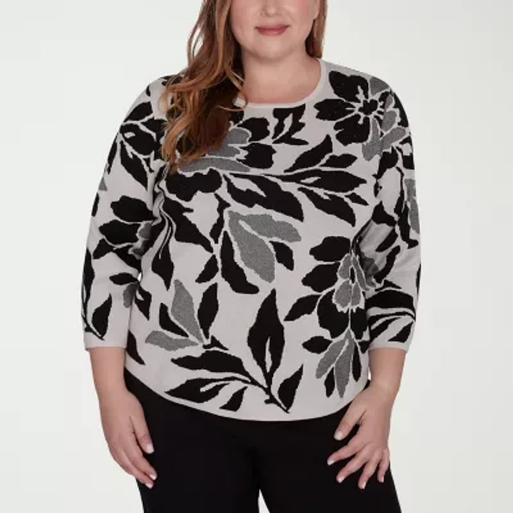 Alfred Dunner Plus Romancing The Stone Womens Crew Neck 3/4 Sleeve Floral Pullover Sweater