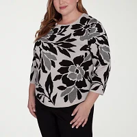 Alfred Dunner Plus Romancing The Stone Womens Crew Neck 3/4 Sleeve Floral Pullover Sweater