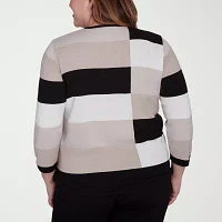 Alfred Dunner Plus Romancing The Stone Womens Crew Neck 3/4 Sleeve Striped Pullover Sweater