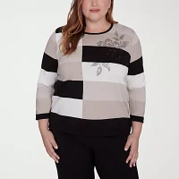 Alfred Dunner Plus Romancing The Stone Womens Crew Neck 3/4 Sleeve Striped Pullover Sweater