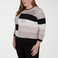 Alfred Dunner Plus Romancing The Stone Womens Crew Neck 3/4 Sleeve Striped Pullover Sweater