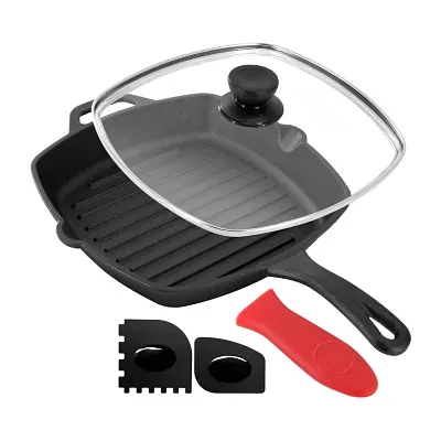 MegaChef Pre-Seasoned Cast Iron 10.4" Griddle with Glass Lid