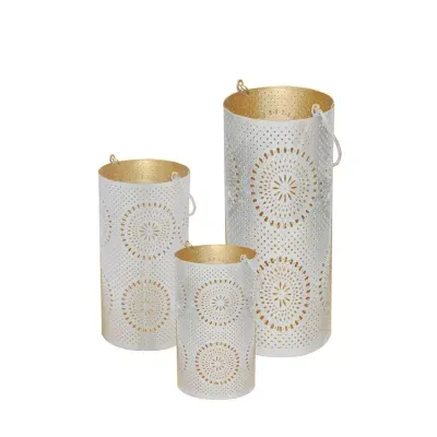 Set of 3 White and Gold Moroccan Style Pillar Candle Lanterns 10"