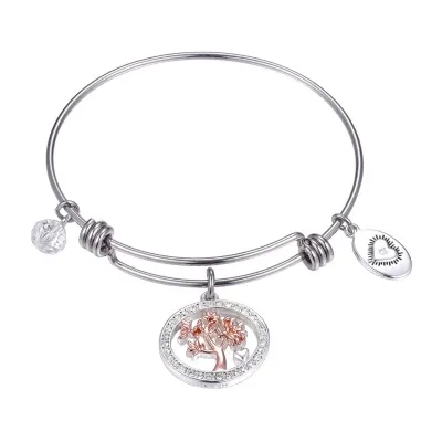 Footnotes Family Tree Clear Pure Silver Over Brass Stainless Steel Round Bangle Bracelet