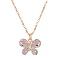 Womens Simulated Pink Morganite 18K Rose Gold Over Silver Butterfly Pendant Necklace