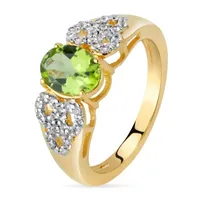 Womens Genuine Green Peridot 18K Gold Over Silver Oval Side Stone Cocktail Ring