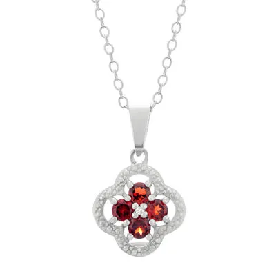 Womens Diamond Accent Genuine Red Garnet Sterling Silver Flower Pendant Necklace