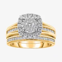 (I / SI2) Womens 1 CT. T.W. Lab Grown White Diamond 10K or 14K Gold Cushion Side Stone Halo Bridal Set