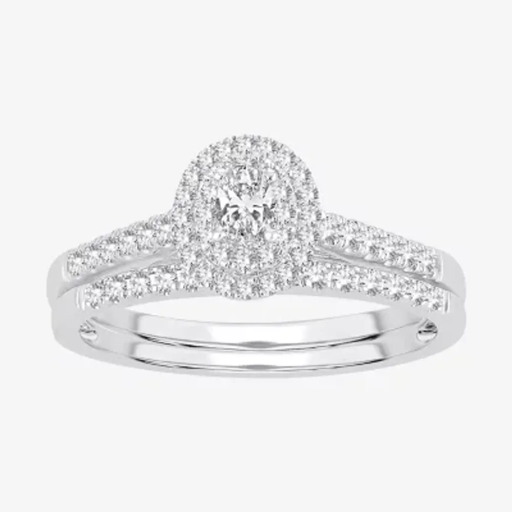 Oval 1/2 CT.T.W. Natural Diamond Side Stone Halo Bridal Set 10K or 14K White Gold