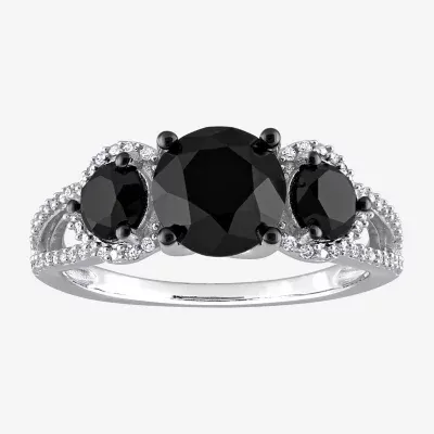 Midnight Black Womens 3 CT. T.W. Natural Black Diamond 10K White Gold Round Side Stone 3-Stone Engagement Ring