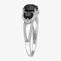 Midnight Black Womens 3 CT. T.W. Natural Black Diamond 10K White Gold Round Side Stone 3-Stone Engagement Ring