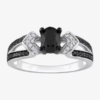 Midnight Black Womens 1 CT. T.W. Natural Black Diamond Sterling Silver Oval Engagement Ring