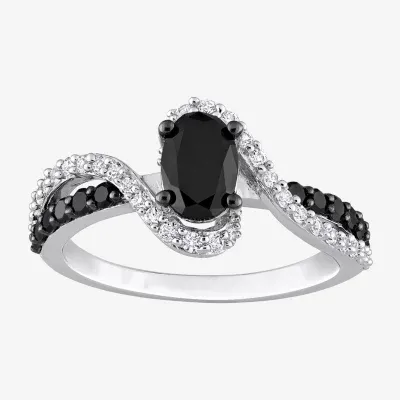 Midnight Black Womens 1 CT. T.W. Natural Black Diamond Sterling Silver Oval Side Stone Bypass  Engagement Ring
