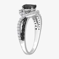 Midnight Black Womens 1 CT. T.W. Natural Black Diamond Sterling Silver Oval Side Stone Bypass  Engagement Ring