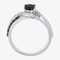 Midnight Black Womens 1 CT. T.W. Natural Black Diamond Sterling Silver Oval Side Stone Bypass  Engagement Ring