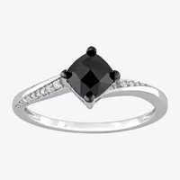 Midnight Black Womens 1 CT. T.W. Natural Black Diamond 10K White Gold Cushion Side Stone Engagement Ring