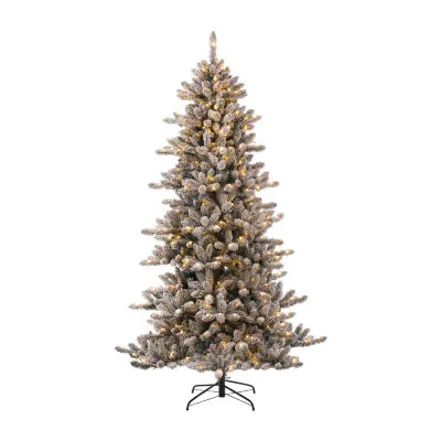 Glitzhome 7 Foot Pre-Lit Flocked Fir Christmas Tree