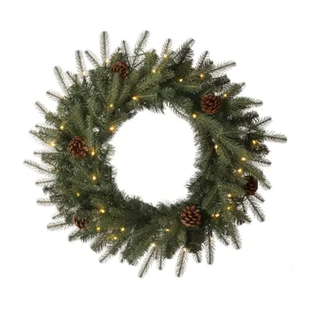 Glitzhome 24 in. D Pre-Lit Snow Flocked Greenery Pine Poinsettia