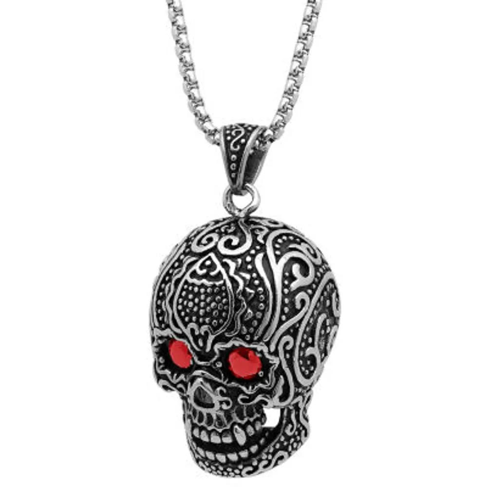 Steeltime Mens Black Cubic Zirconia Stainless Steel Skull Pendant Necklace