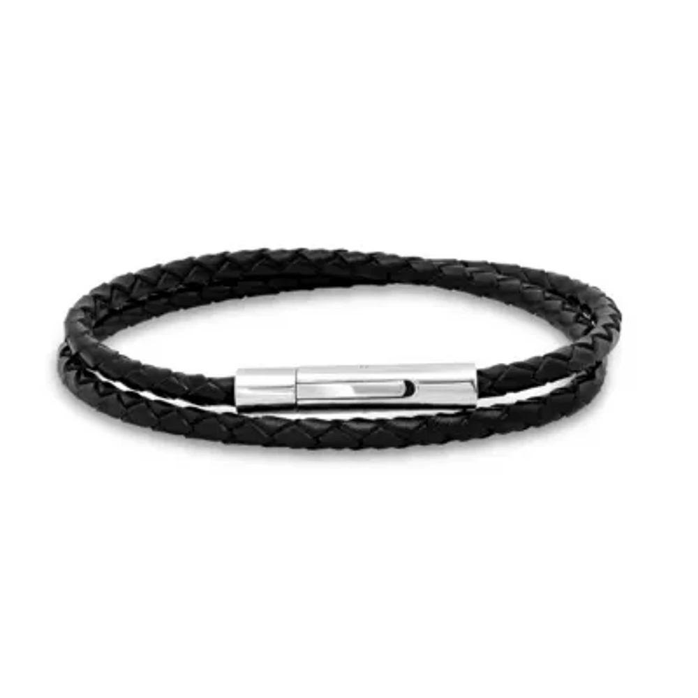 Steeltime Braided Leather Mens Stainless Steel Wrap Bracelet