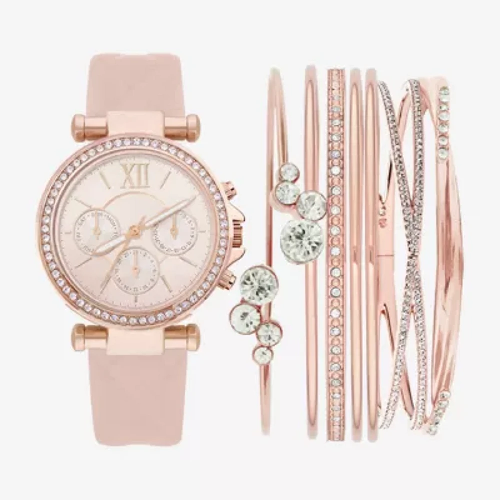 Womens Crystal Accent Pink Leather 8-pc. Watch Boxed Set 1506r-42-B12