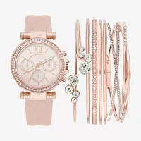 Womens Crystal Accent Pink Leather 8-pc. Watch Boxed Set 1506r-42-B12