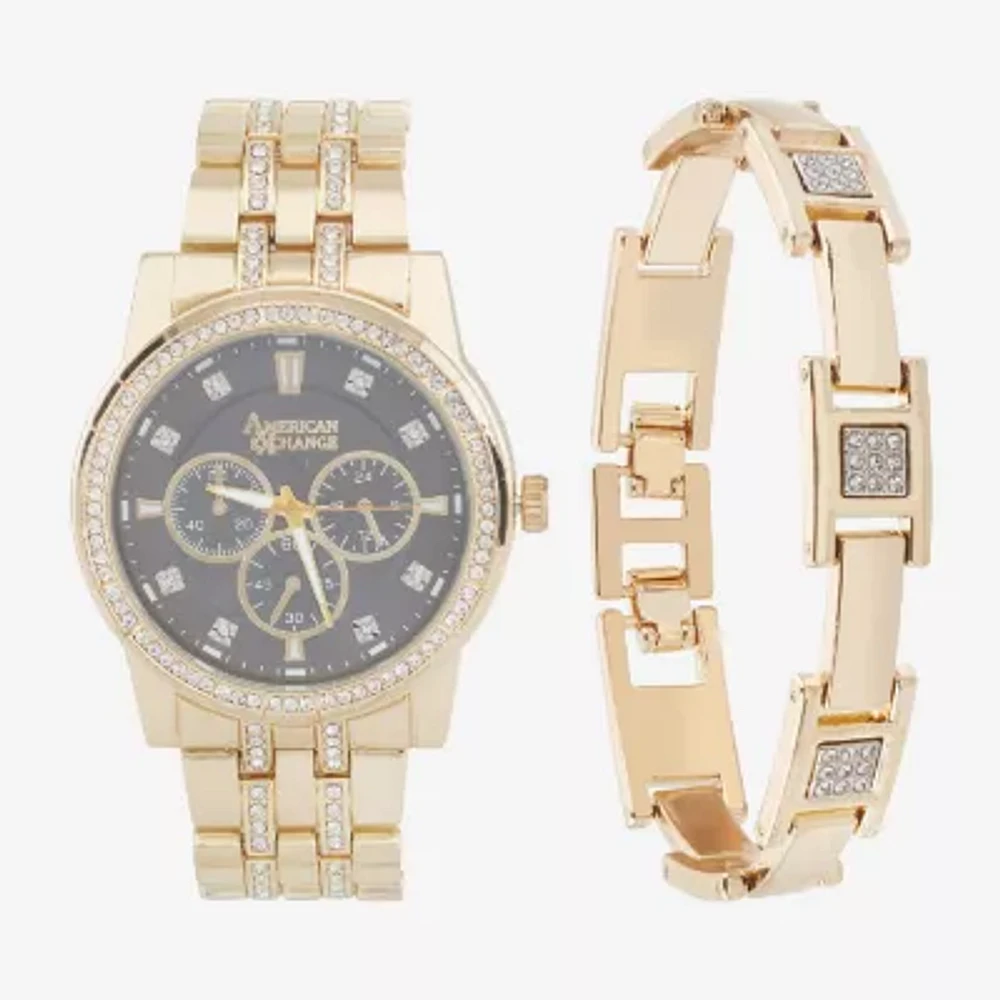 American Exchange Mens Crystal Accent Gold Tone 2-pc. Watch Boxed Set M0047g-42-G27