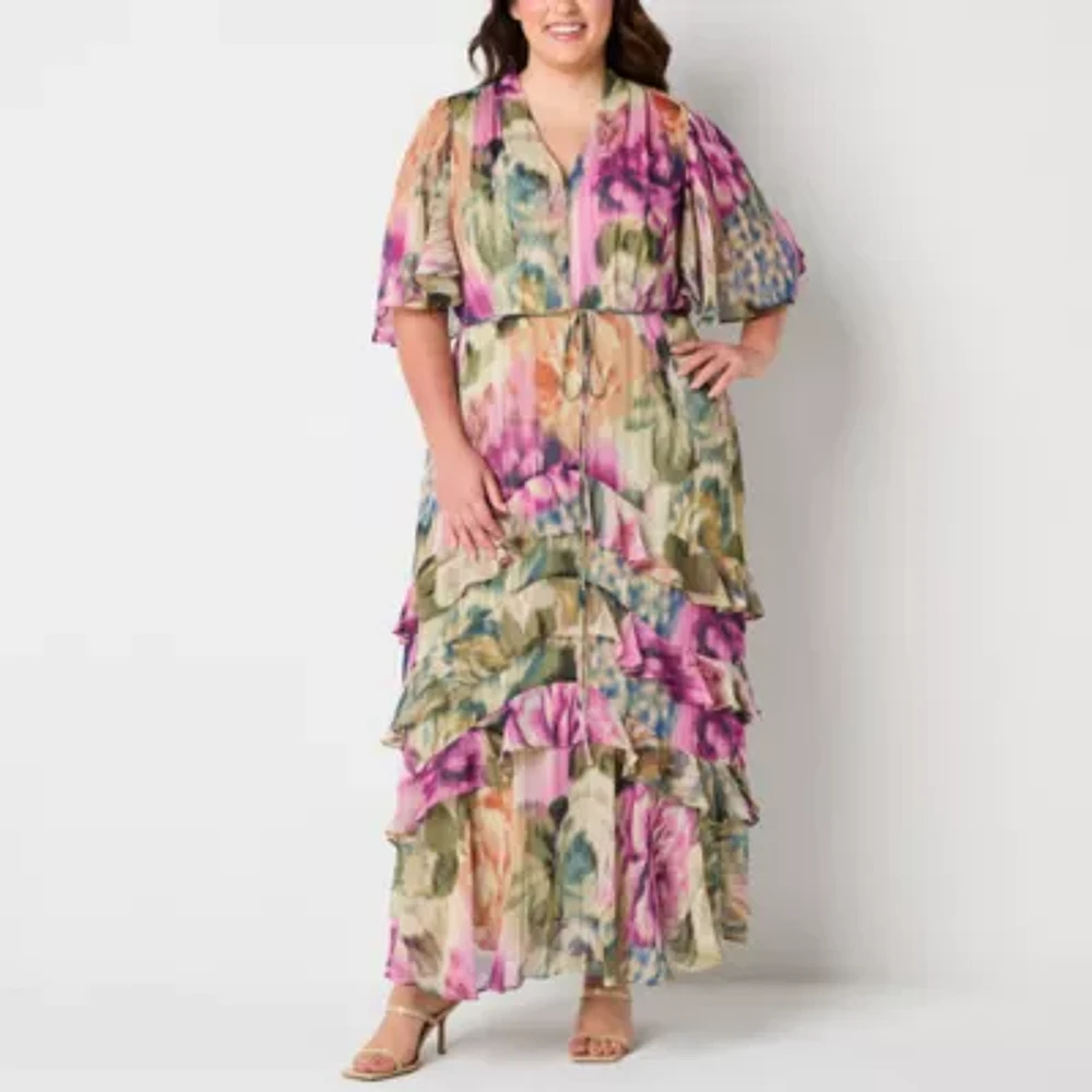 Melonie T Womens Short Sleeve Floral Maxi Dress Plus