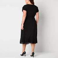 Perceptions Womens Short Sleeve Midi Fit + Flare Dress Plus