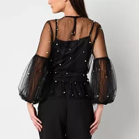 Ultra Pink Womens Crew Neck Long Sleeve Embellished Blouse