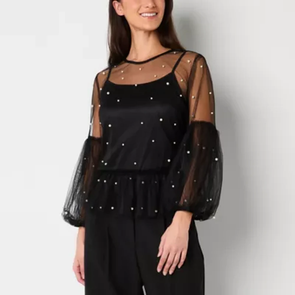 Ultra Pink Womens Crew Neck Long Sleeve Embellished Blouse