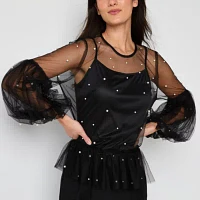 Ultra Pink Womens Crew Neck Long Sleeve Embellished Blouse