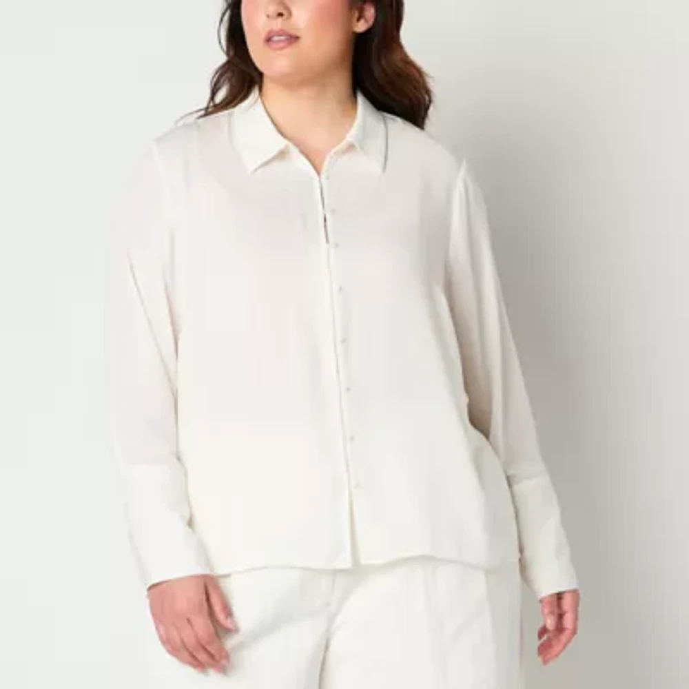 Worthington Plus Womens Long Sleeve Fitted Button-Down Shirt