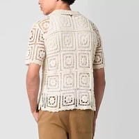 Mens Short Sleeve Button-Down Crochet Shirt