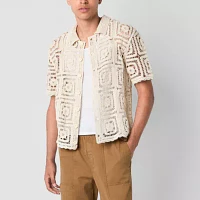 Mens Short Sleeve Button-Down Crochet Shirt