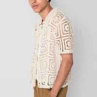 Mens Short Sleeve Button-Down Crochet Shirt