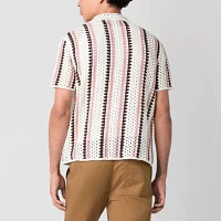 Mens Short Sleeve Striped Button-Down Crochet Shirt