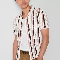 Mens Short Sleeve Striped Button-Down Crochet Shirt