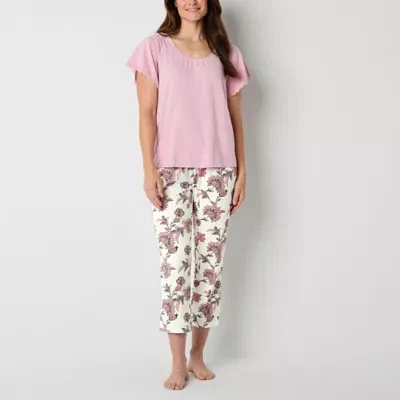 Liz Claiborne Womens Round Neck Short Sleeve 2-pc. Pant Pajama Set