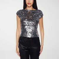 Premier Amour Sequin Womens Boat Neck Short Sleeve Blouse