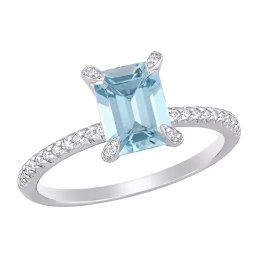 Womens 1/10 CT. T.W. Genuine Blue Aquamarine 14K White Gold Side Stone Cocktail Ring