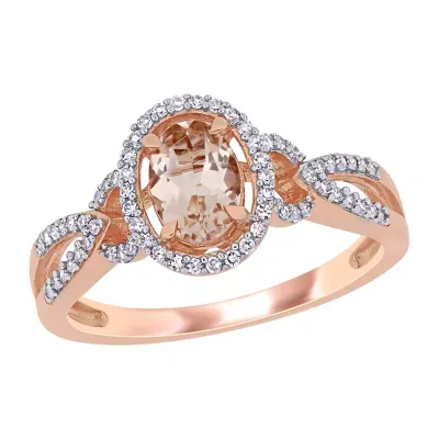 Womens 1/5 CT. Genuine Pink Morganite 14K Rose Gold Oval Halo Engagement Ring