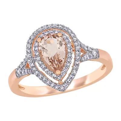 Womens 1/4 CT. T.W. Genuine Pink Morganite 14K Rose Gold Pear Halo Engagement Ring