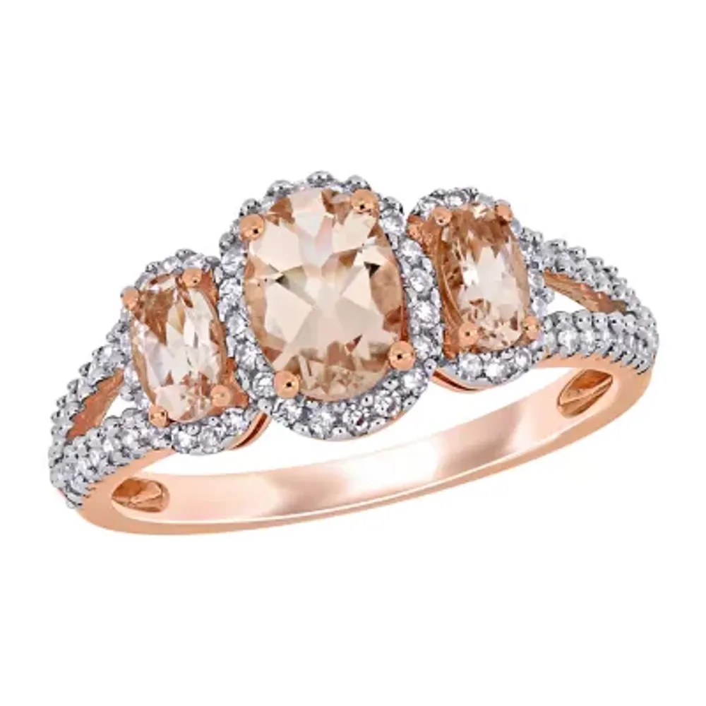 Womens 1/3 CT. T.W. Genuine Pink Morganite 14K Rose Gold Oval 3-Stone Engagement Ring