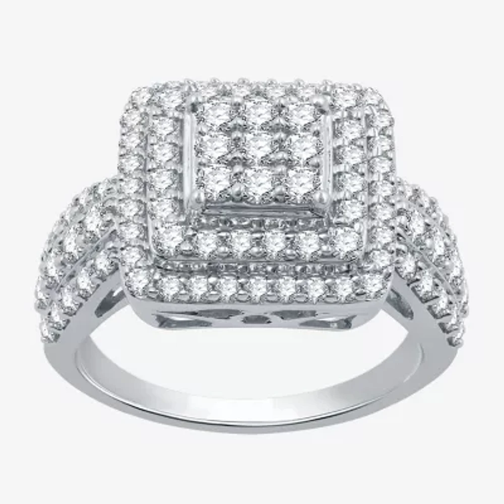 Womens 1 1/2 CT. T.W. Lab Grown White Diamond Sterling Silver Cushion Halo Side Stone Cocktail Ring