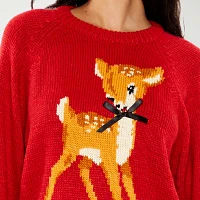 Forever 21 Juniors Reindeer Bow Sweater Womens Crew Neck Long Sleeve Holiday Pullover